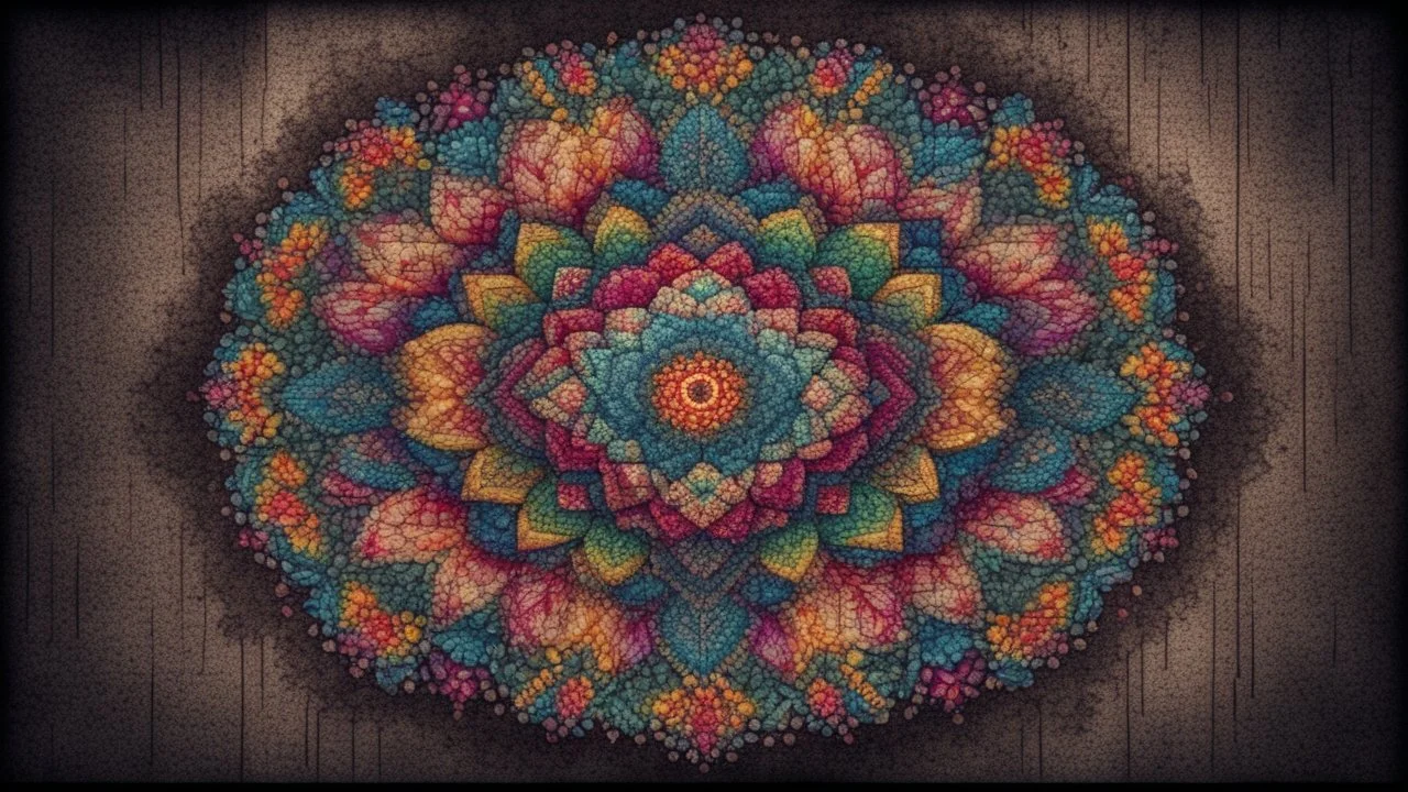 Hyper Realistic colorful cross stich mandala pattern on dark rustic grungy background with vignette effect