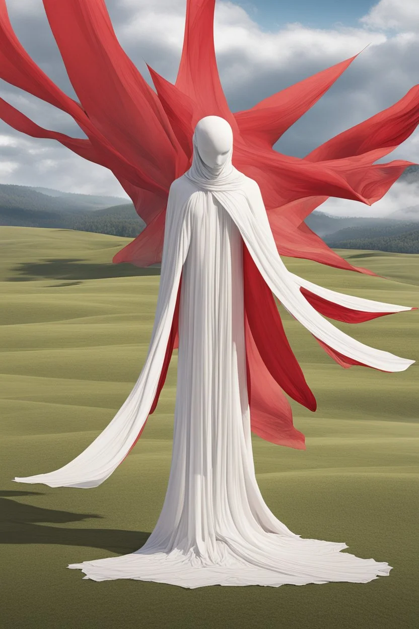 Giant massive huge in stature, majestic entity, hovering and floating over a large field landscape. the entity wears a white and red draped fabric that has printed on the material resembling stars. the fabric has also technological elements. you can see how big it is compared to a tiny human standing in front of it