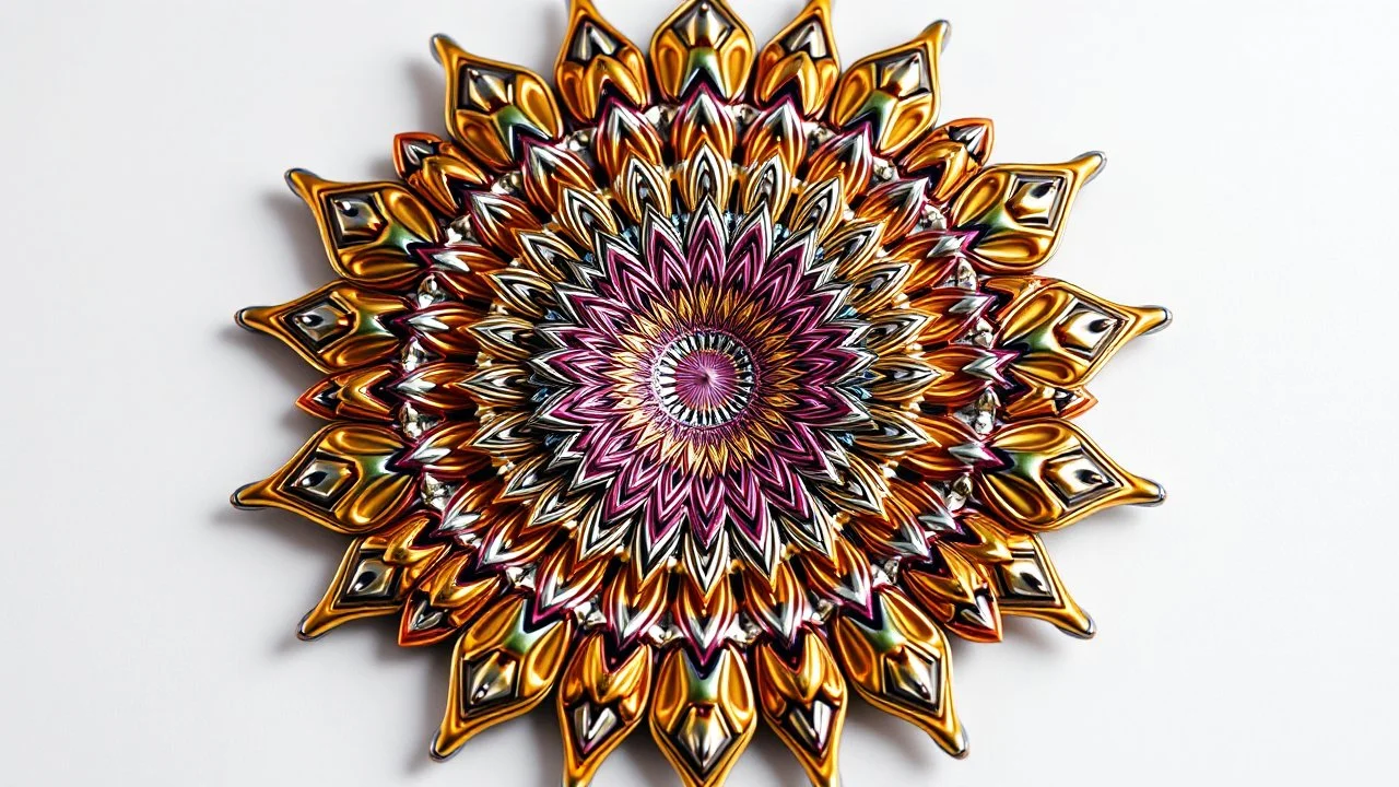 3d mandela fractal made of a metallic random color objects turning many times likr Spirograph drawing Kaleidoscope Ruler Set creation