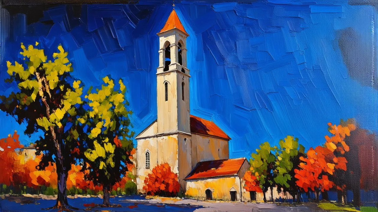 Impressionist painting of a church with a tall bell tower under a dark, textured blue sky.