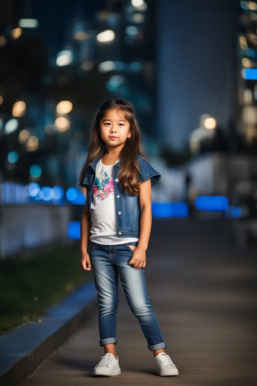 Little 6 years old beautiful girl perfect face,1girl wearing a pretty shirt and jean pant, standing pose,modern city ,night view