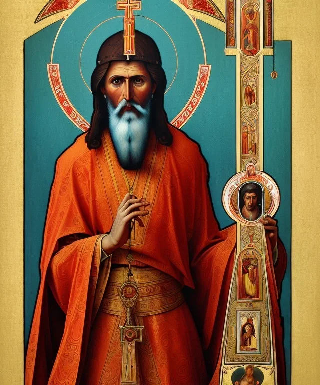 orthodox old icon with saint, patron of photographers. he is holding a camera in one hand and 35mm film in the other. Cyrillic inscriptions are the names of photographic brands. hyperdetailed, Alphonse Mucha, Zdzisław Beksiński, poster, illustration, ink, oil on canvas, 18th century atlas