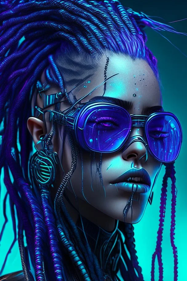 siren cyberpunk some fish scales on face indigo hair dreadlock sunglasses