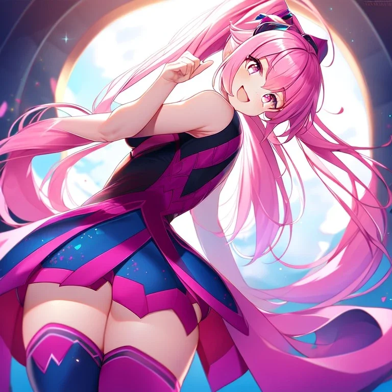 girl, masterpiece, best quality, volumetric lighting, detailed outfit, perfect eyes, pink hair, pink eyes, long hair, ponytail, thigh highs, looking back, laughing,