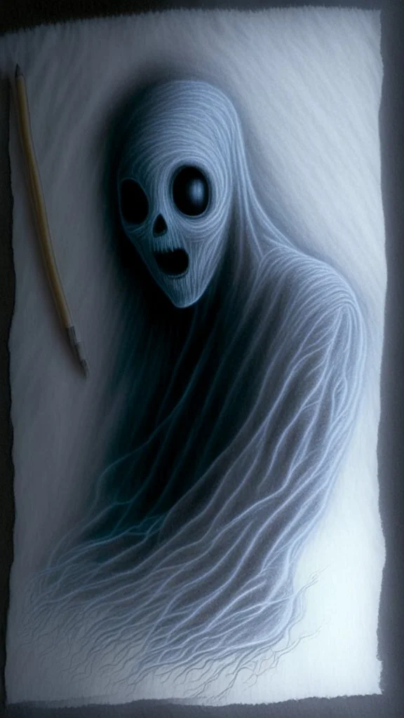 pencil drawing of a ghost. Spooky, scary, halloween, colored pencils, realistic, black paper