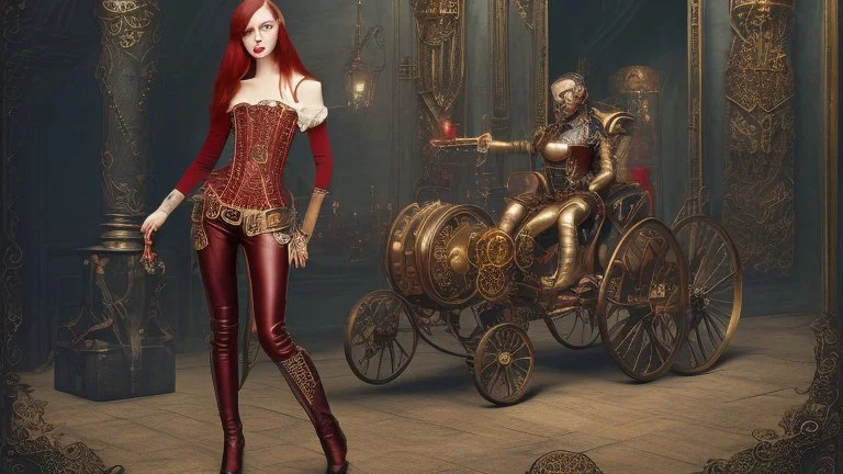 body portrait of a woman with straight shoulder-length red hair, with metal arms and legs, dressed in leather trousers, and a waistcoat, in a Victorian street next to a steampunk carriage, full colour