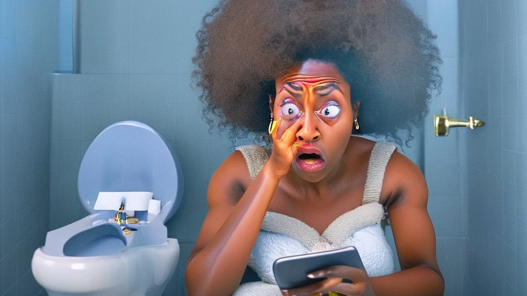 confused black lady with cellphone on the toilet