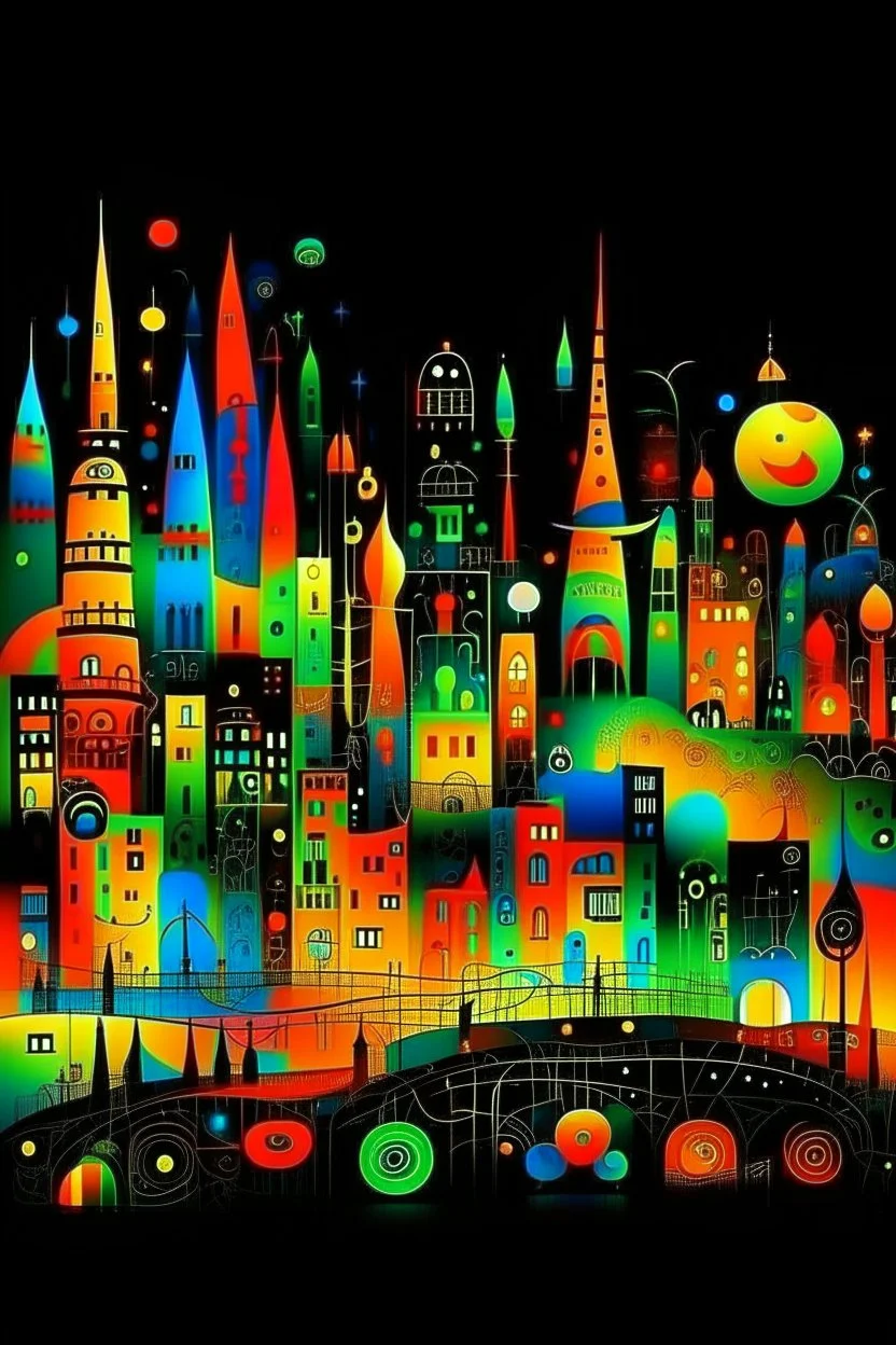 A gold futuristic city with multicolored neon lights painted by Joan Miro