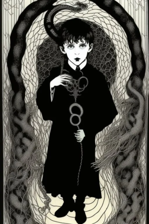 7 year old boy, necromancer, friendly, looks dead,with a lamprey serpent , wearing black robes, in the style of Harry Clarke