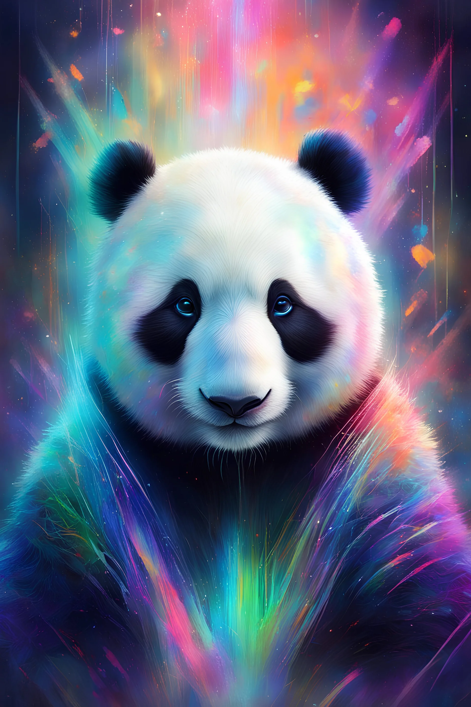 At the center of the composition stands DEEMU, a majestic panda with fur as white as snow, adorned with streaks of iridescent neon hues that pulsate with each beat of the music. Its eyes, pools of wisdom and mystery, seem to peer directly into the soul of the observer, inviting them to delve deeper into the auditory journey that lies ahead.