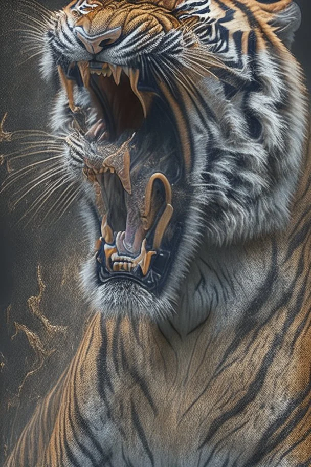 a full grown hyper-realisitc tiger screaming melting like wax, hyper-realistic natural form, full body, highly detailed melting details, emotional expression, detailed emotions, hyper detailed melting of the animal to the ground, engraved fur details, anatomically correct animal, dark colour tone, epic colour treatment, cinematic colour treatment, meticulously intricate perfectly symmetrical extremely detailed, pixiv daily ranking, pixiv, extreme depth of field, artstation, sculpture style, spec