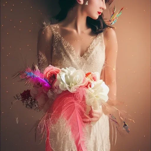 delicate bouquet of lace pearls and feathers, chiaroscuro, vivid colors, festive colors, dramatic lighting, beautiful composition, aesthetic layout