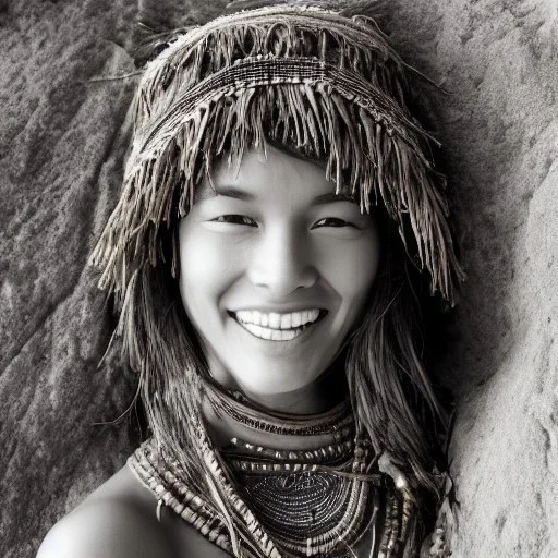 Woman smiling, pretty face, face is pretty, face is highly detailed, wearing primitive bikini, native clothing, primitive, highly detailed, extremely detailed, crisp, photo, high quality, real life, laying down, symmetrical, full body portrait