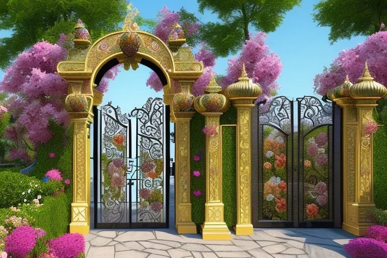 intricate ornate gate, garden, path, flowers