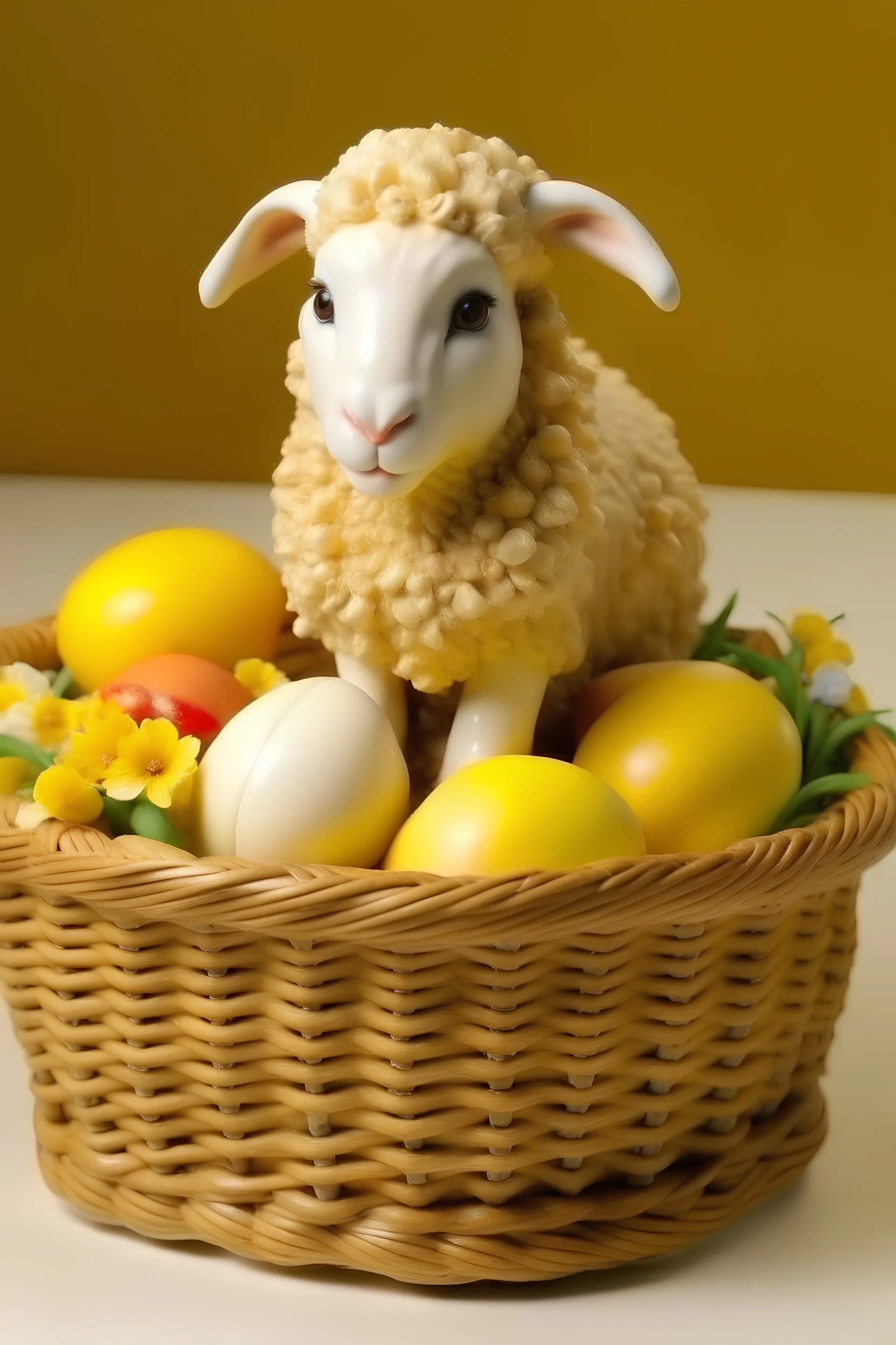 Realistic sheep, sitting in an Easter basket, eating butter