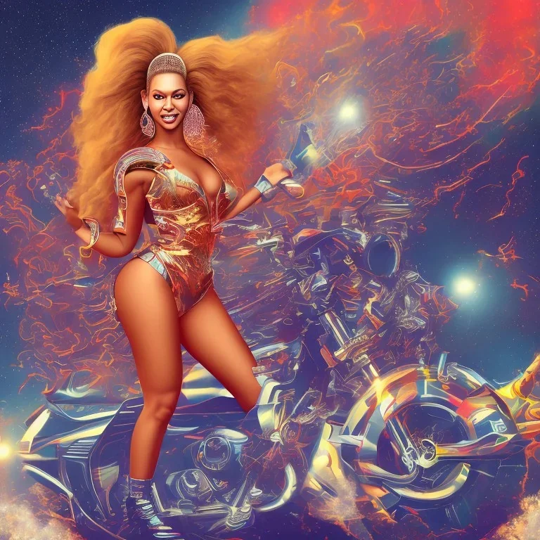 beyonce riding a rocket with a big "T" logo