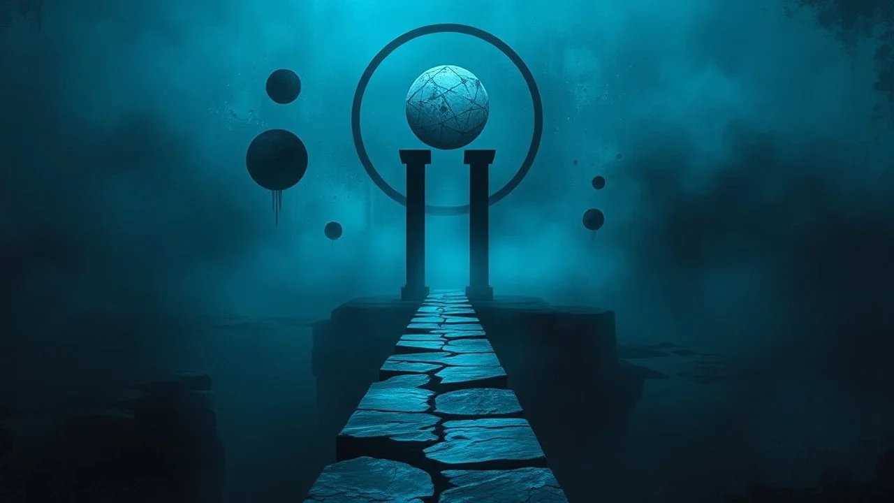 passage over nothingness, surreal, dark and cold abstract artwork dominated by deep blue, icy cyan, charcoal black and muted steel-grey tones. An narrow passageway emerges from an abstract distorted weird landscape, surrounded by thick fog and drifting mist. The space feels nightmare, alien and unsettling, with floating circle and line geometric forms, black onix column architectural fragmented and unnatural perspectives. At the center of the composition cracked stone way over abyss