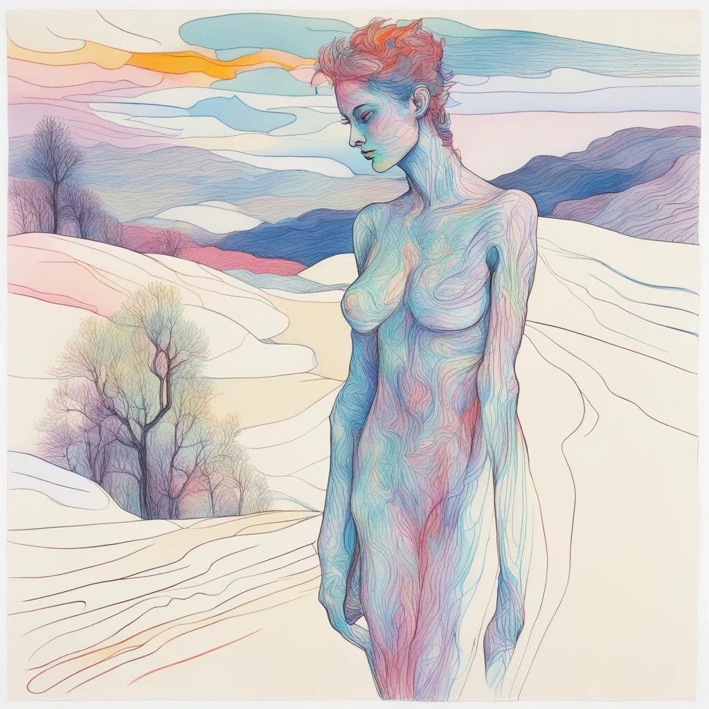 o schita grafica in penita cu tus color , cu linii si hasuri subtiri cu variatii impresioniste cu o culoare tare ,reprezentand o imagine de paranormal a unei compozitii impresioniste cu pastel landskape in stil Jean Cocteau si in stil minimal art