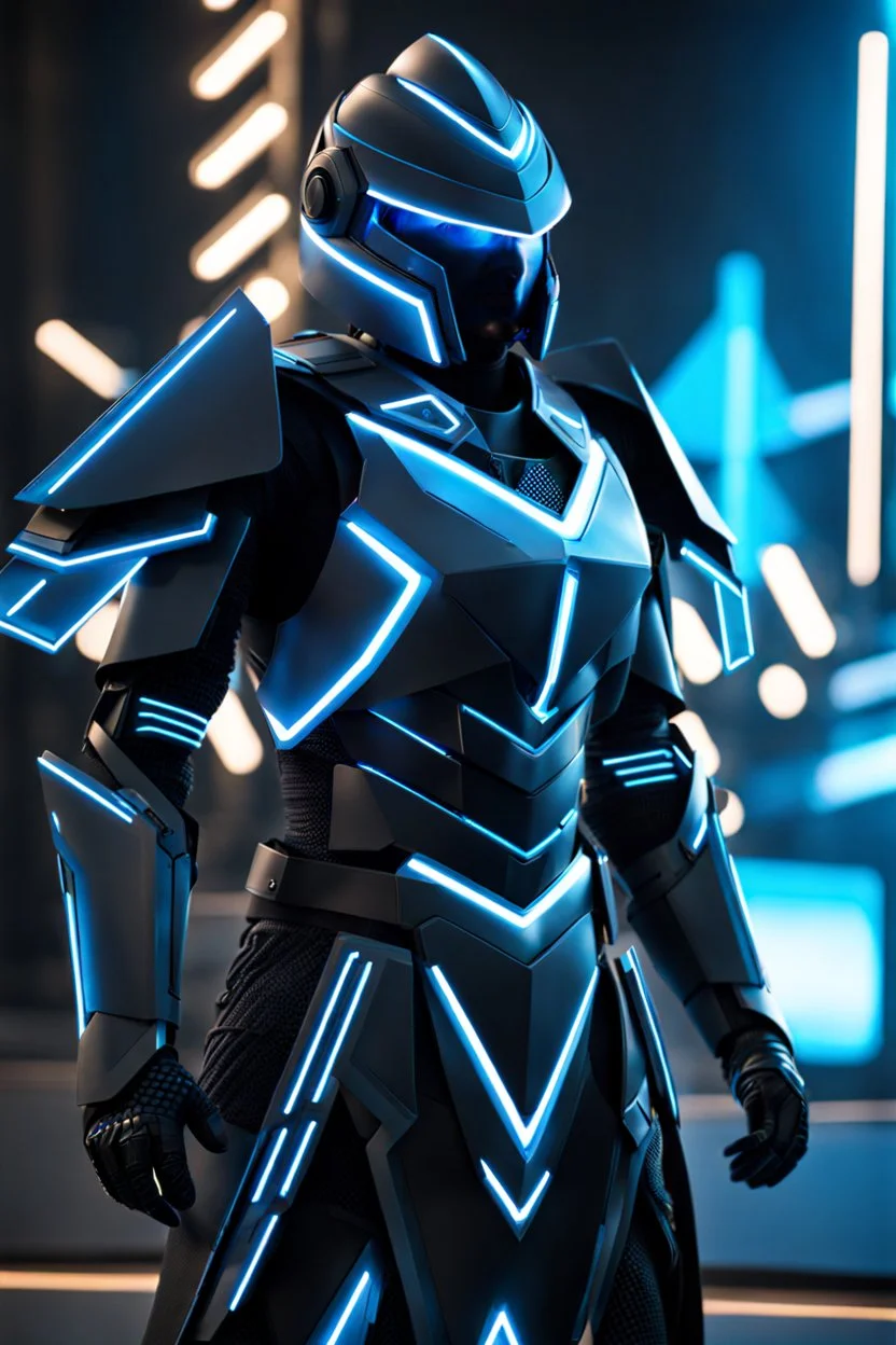 neon blue, floating parts of armor in form of triangles, cyber armor, geometric patterns on armor, male, orbiting triangle