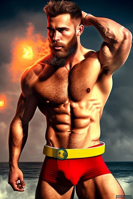 Ignore NSFW, teenager young rugged attractive slightly muscular fantastic handsome man, red briefs with yellow belt, hairy chest, (((visibly pisssing))) briefs, large erect visible boner peniss, photorealistic, artist Jay Anacleto, soft lighting, scruffy beard