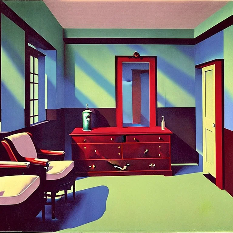 Room with odd creepy stuff and a liminalspace atmosphere in René Magritte style