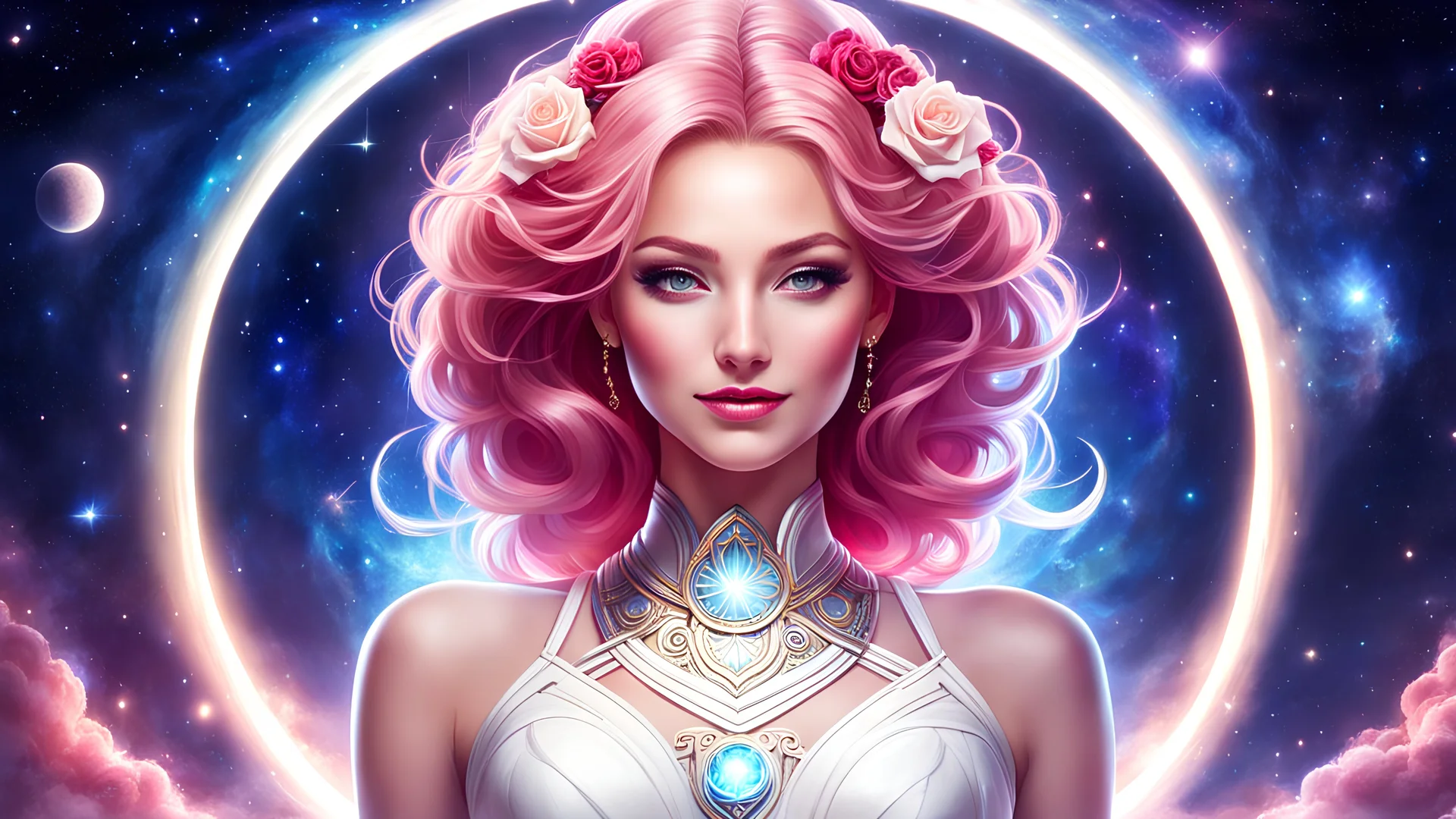 Full body portrait of a peaceful smiling gorgeous rose hair Goddess of the galaxies with a white skin, high skul, luminous eyes