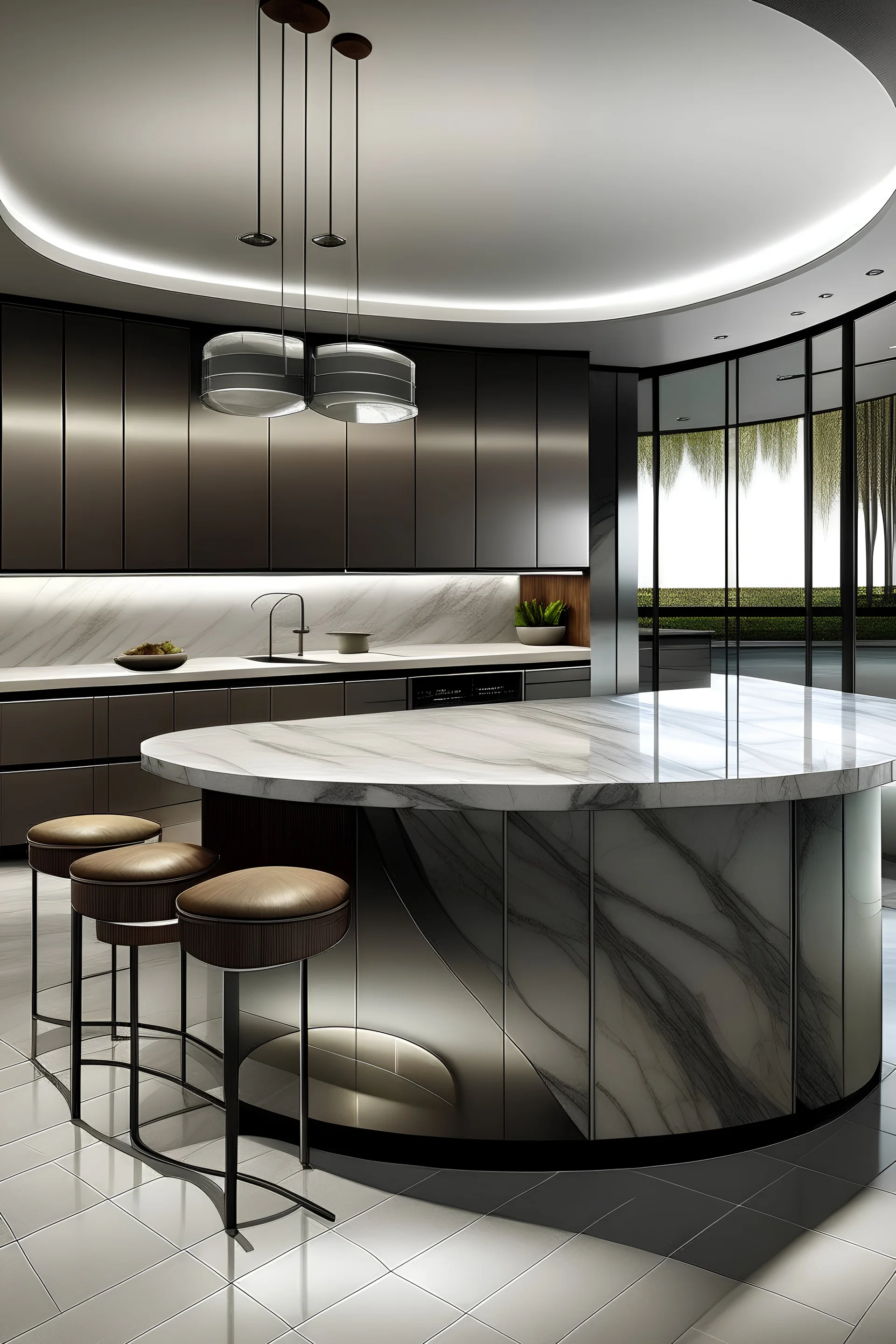 Kitchen, modern style, poliform, dark walnut timber veneer, metal Fram with tinted glass door, curve island bench, marble bench top, cook top, grey tile floor