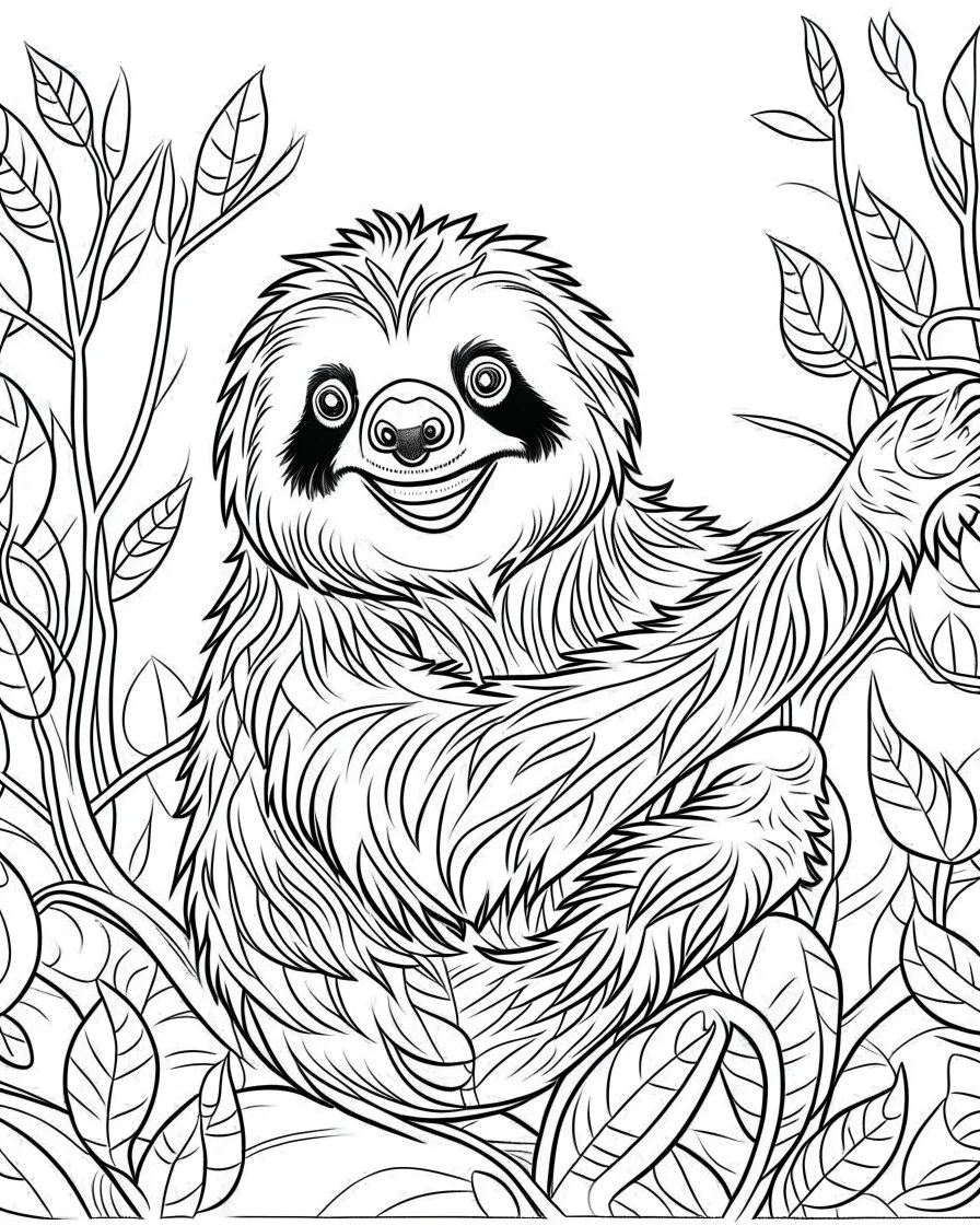 create a 2d black outline, "safari smiling cartoon sloth on a branch coloring book for kids", coloring page, low details design, black contour, coloring page design, simple background, colorful , card style, coloring page for kids, white background, sketch style, safari landscape, cartoon style