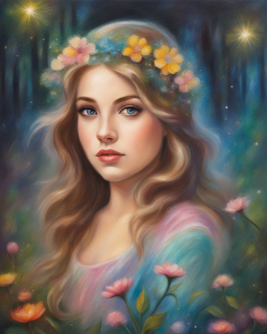 Oil pastel painting of a beautiful girl, fantasy, dream, forest, sparkles background, glow, beautiful, oil pastel painting, fantasy art, fairy, young girl, beautiful portrait painting, flowers, colorful, inspired by Thomas Kinkade, fine art, 8k