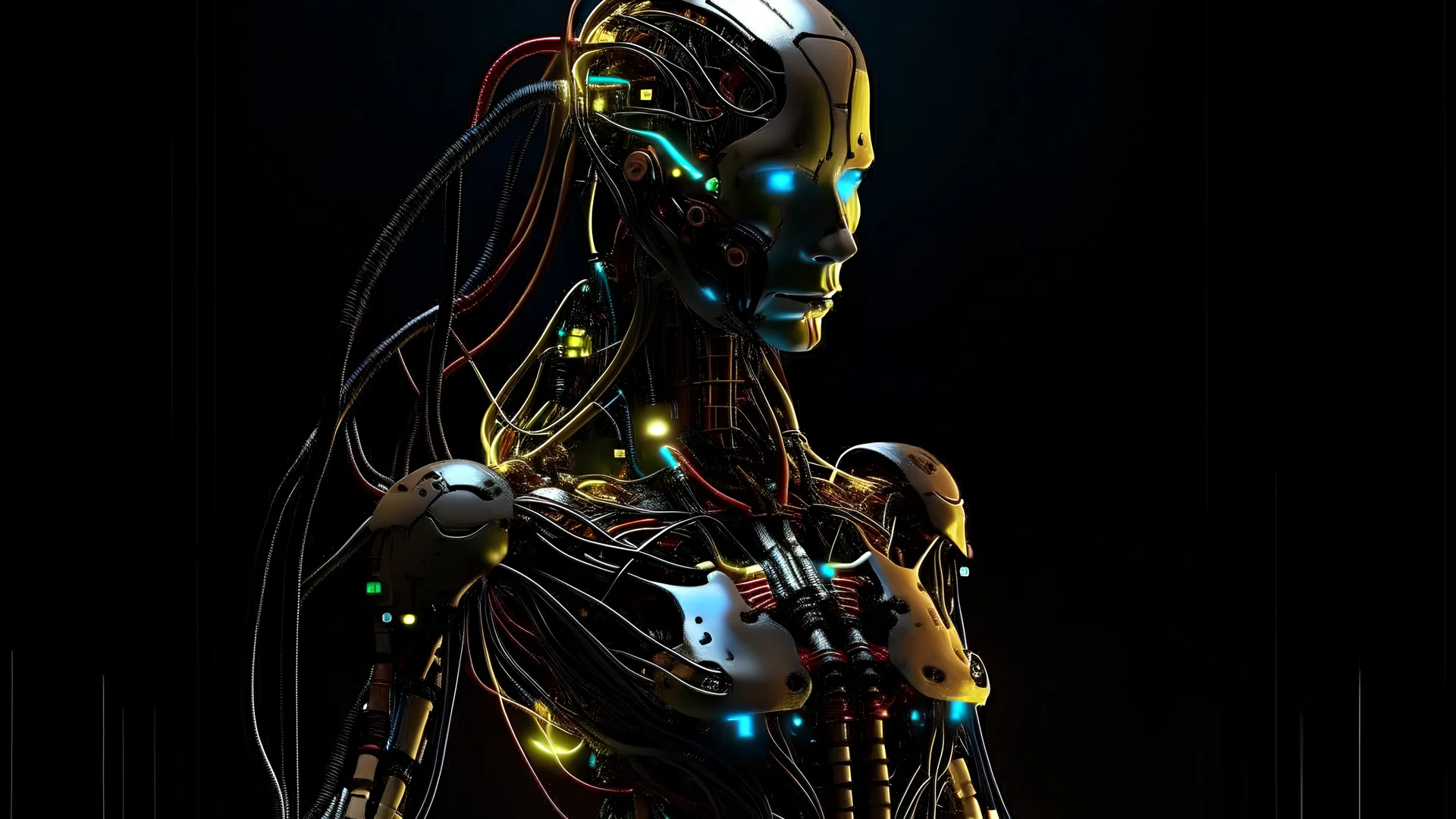 Ultra high quality an android woman made of cables and of processors and of circuits and of irons and of screws smoked background elemental flames lightning lights luminance colourful futuristic steampunk cyberpunk style