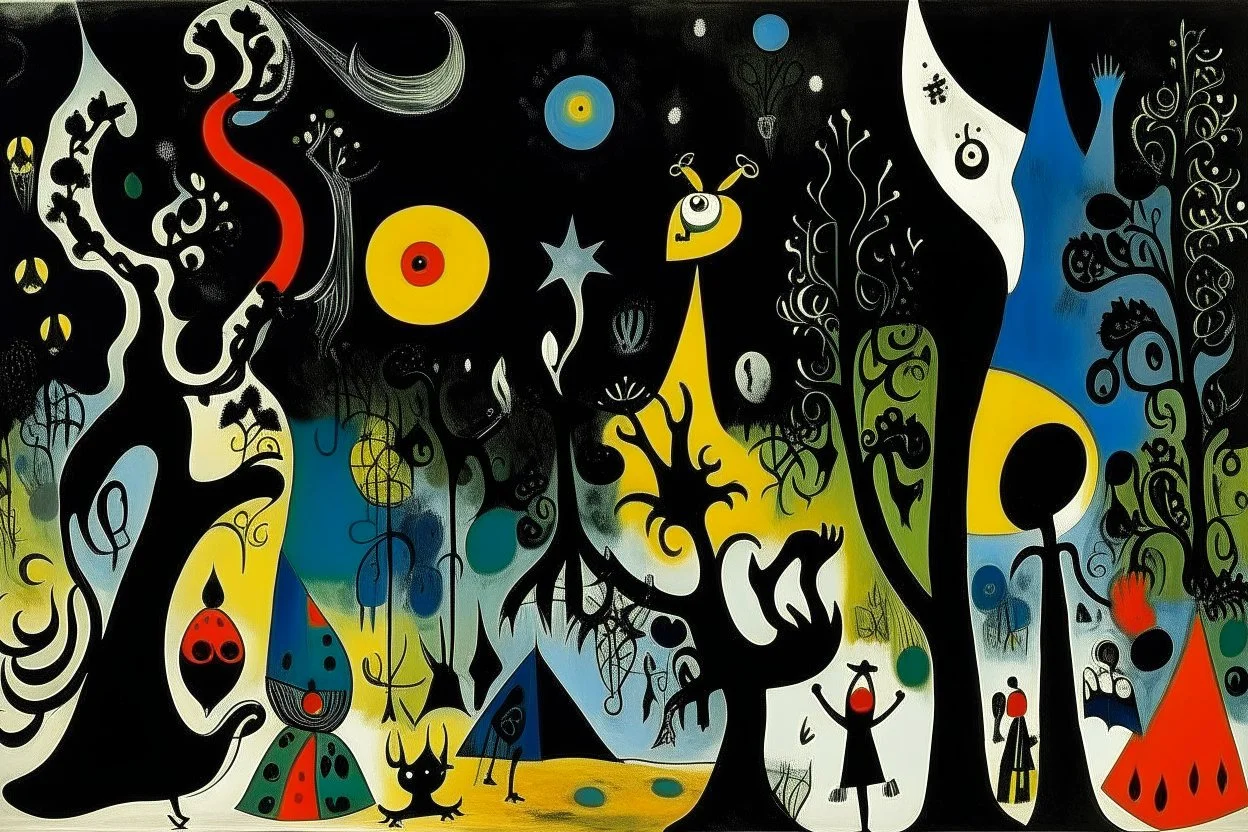 Black warped woodlands with dead trees and shadow monsters painted by Joan Miro