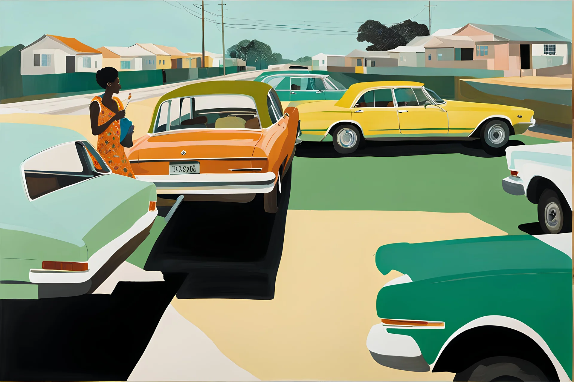 Hockney njideka akunyili kerry james MidjourneyBIRD EYEVIEW African TOWNSHIP ROAD CARS AND PEOPLEJ, njideka akunyili splash, Paint Strokes, minimalist illustration minimalist illustration