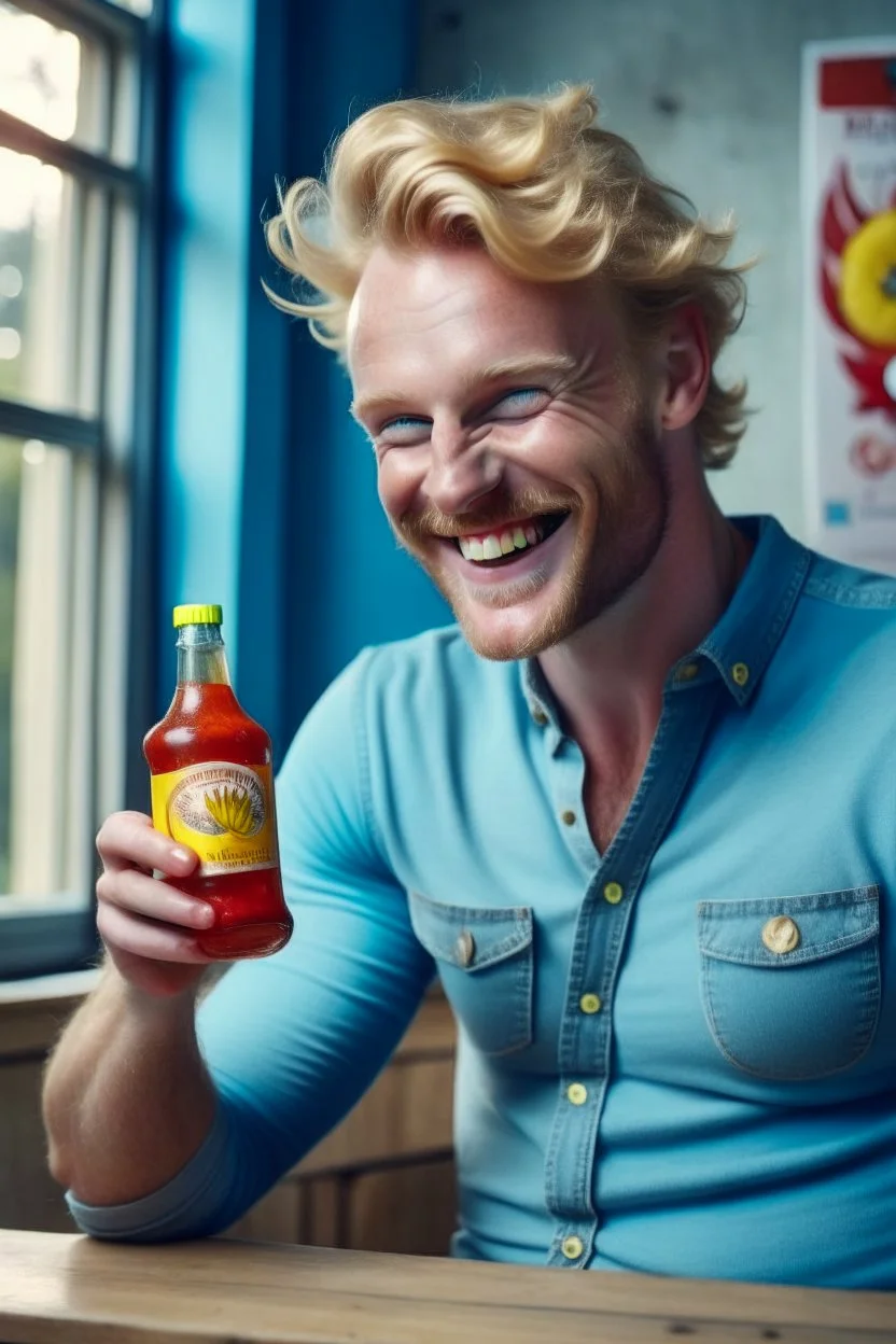 brand campaign for a new drink with orange and chili flavour with drunk blond man person high resolution