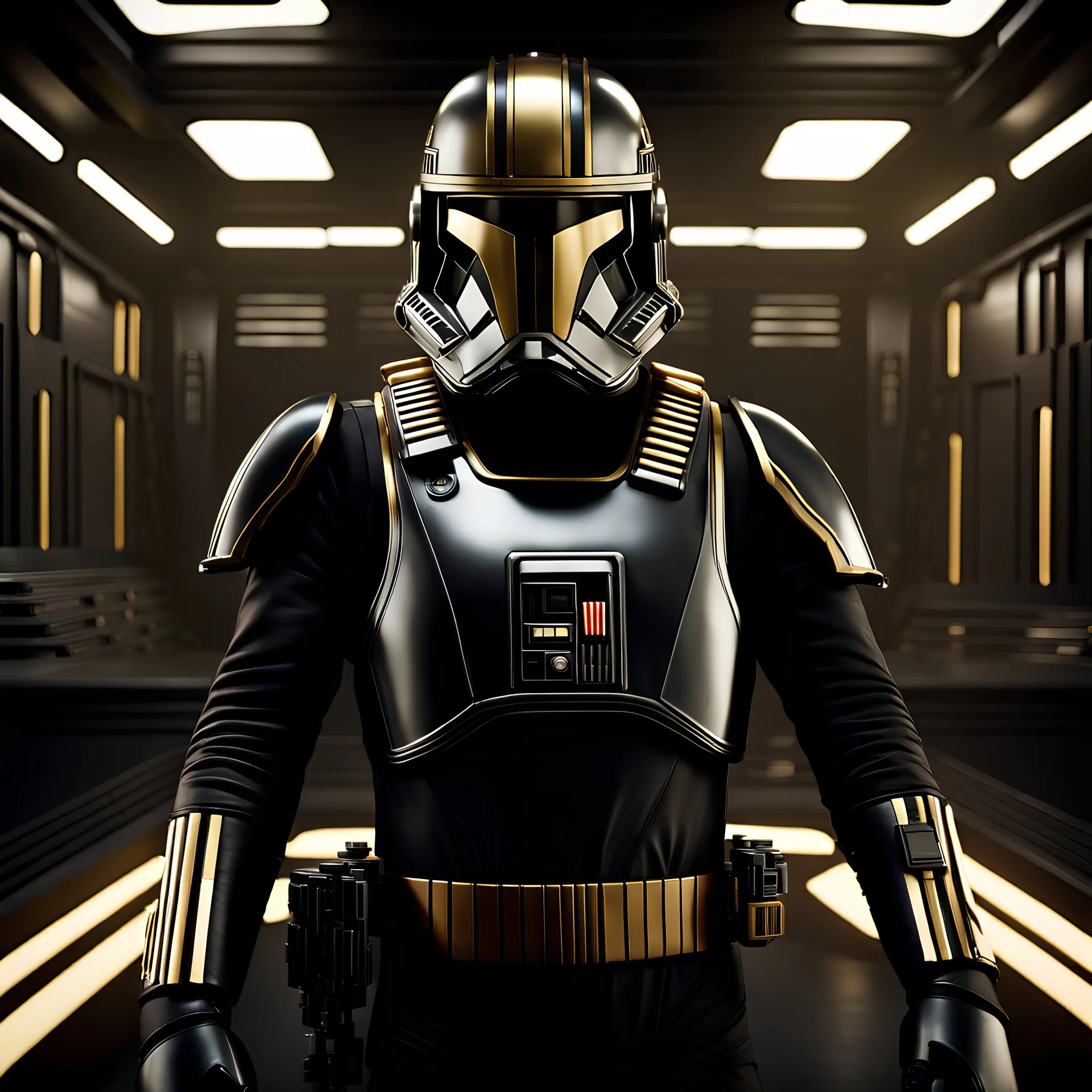 star wars bald male corellian pilot wearing gunmetal grey and black First Order TIE pilot armored flightsuit and helmet with gold trim inside the jedi temple, centered head and shoulders portrait, hyperdetailed, dynamic lighting, hyperdetailed background, 8k resolution, volumetric lighting, light skin, fully symmetric details