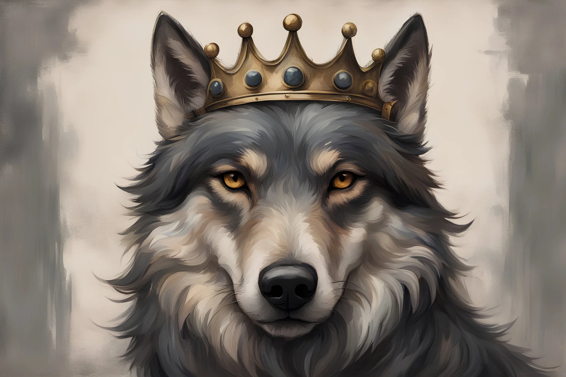 ohn william waterhouse style, a One-eyed wolf with a crown upon his head