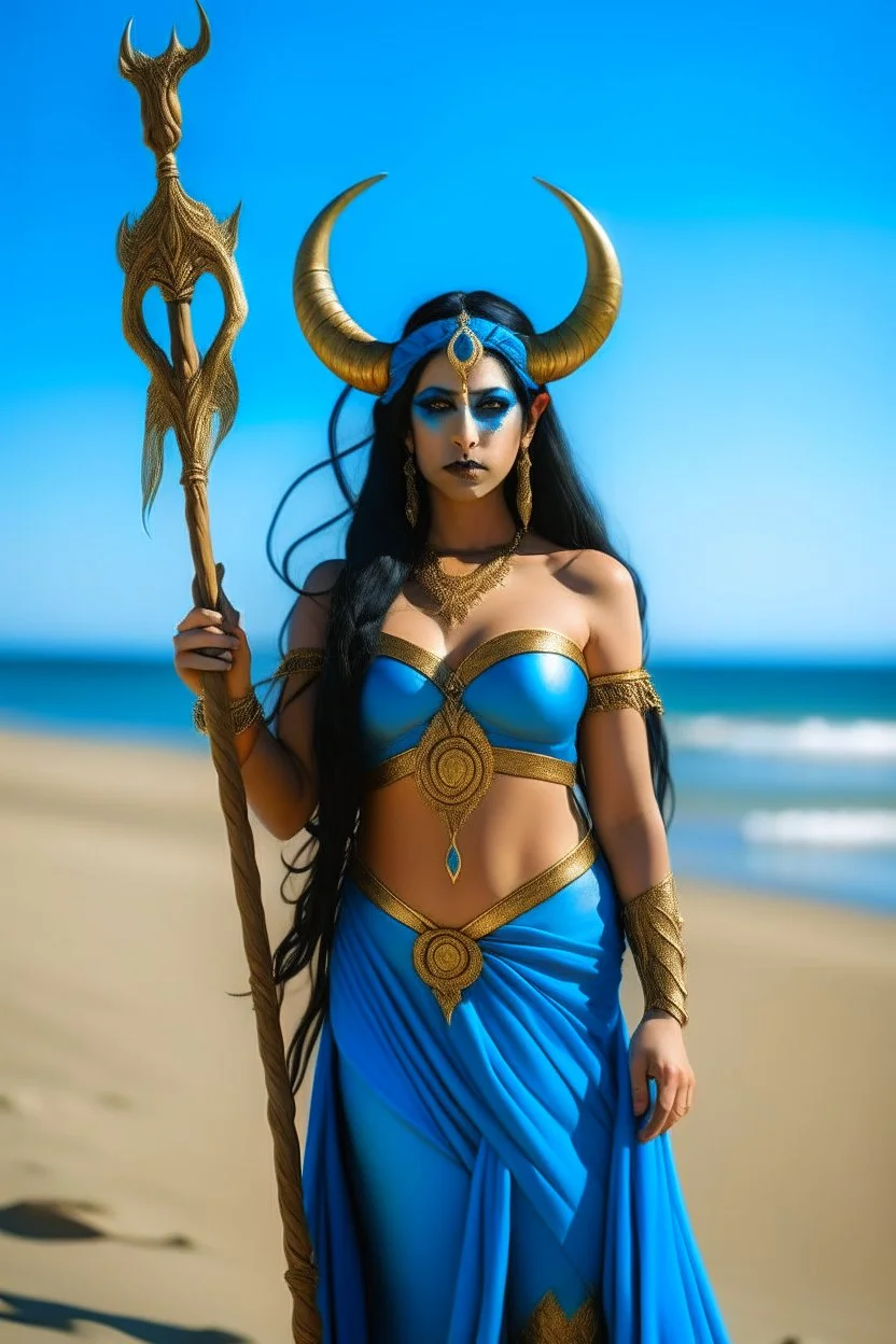 A picture of a blue faced Indian goddess with skin painted blue, blue body, wild black hair, stag horn antlers, elven ears, golden skirt, holding a staff on a sunny beach