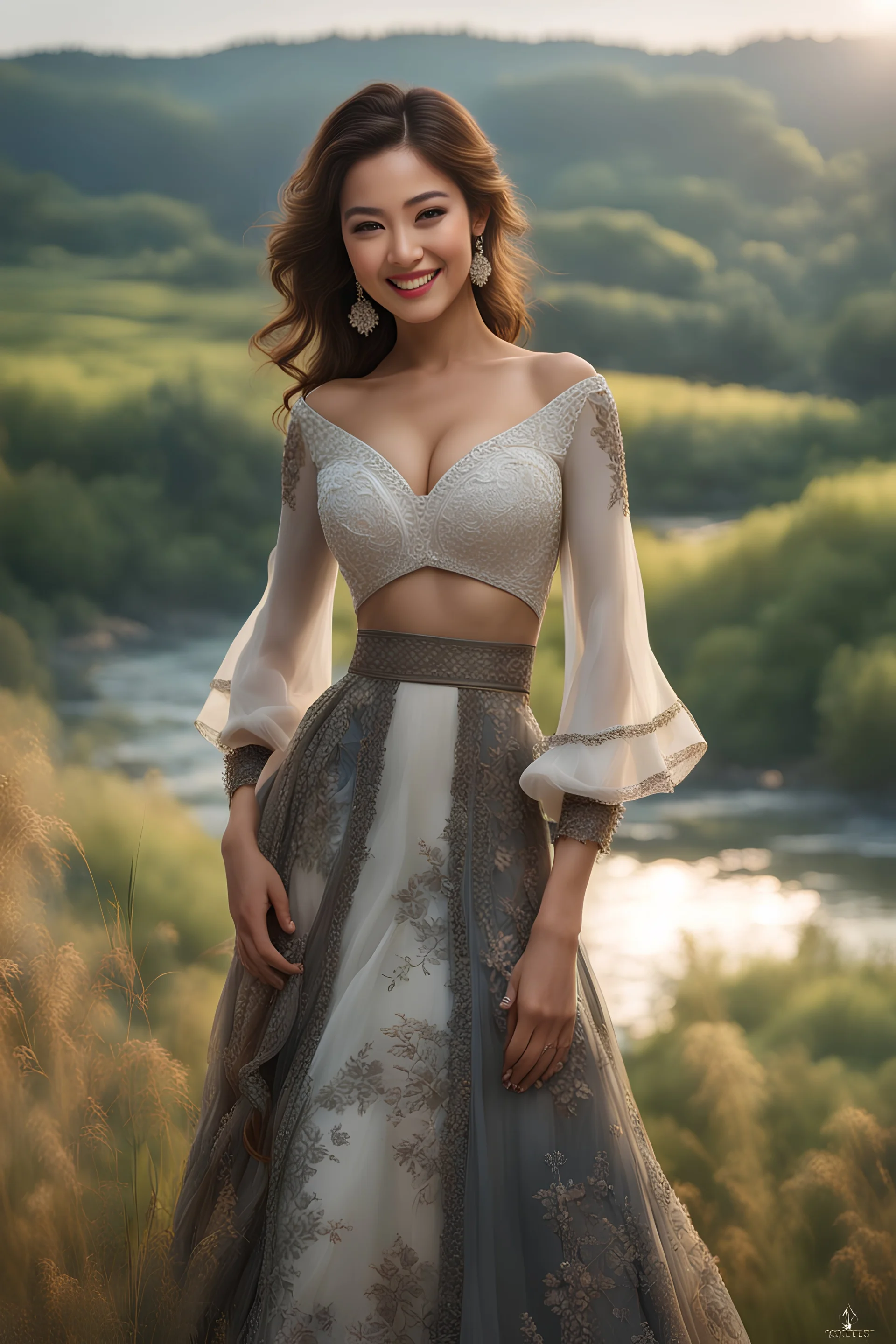 ((full shot body)) photo of the most beautiful artwork in the world featuring model, smiling, , High Detail, Sharp focus, dramatic, photorealistic, ultra sharp, ultra hd, hyper realistic, ultra realistic, ((((dress)))), trending on artstation, sharp focus, studio photo, intricate details, highly detailed, standing in nice pose in country side with river ,water fall ,rocky vally