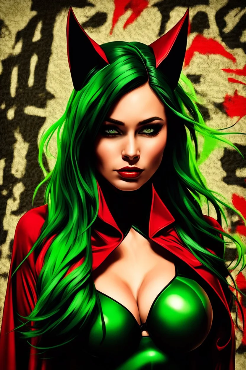 super hero woman, green long haired, cat ears, beauty face, big body, good body, black and red plastic costume, cape, fire of plasma on hands, wall of graffity art background