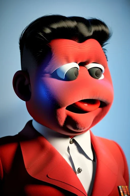 Waist up muppet Portrait, Kim Jong-un muppet doll, black suit, photo studio, red background, unreal engine 5, concept art, art station, ray tracing, lumen lighting, ultra detail, volumetric lighting, 3d.