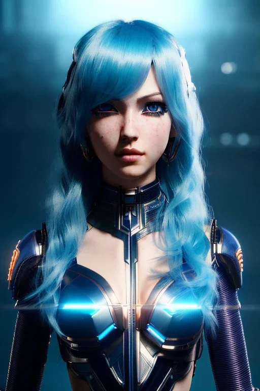 Cyborg anime assassin, light blue hair, blue eyes, waist up portrait, 8k resolution, intricate details, ornate details, soft lighting, vibrant colors, retroanime, masterpiece, intricate eyeliner, dark eyeshadow, eyes, intricate tattoos, futuristic cityscape background
