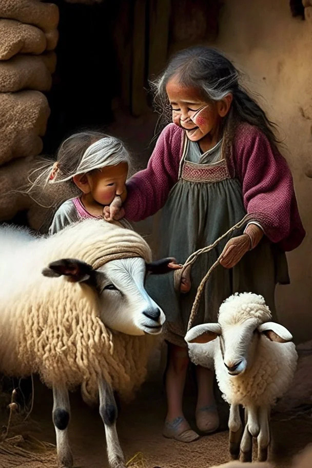 Marai girl playing with her grandfather and sheep around her