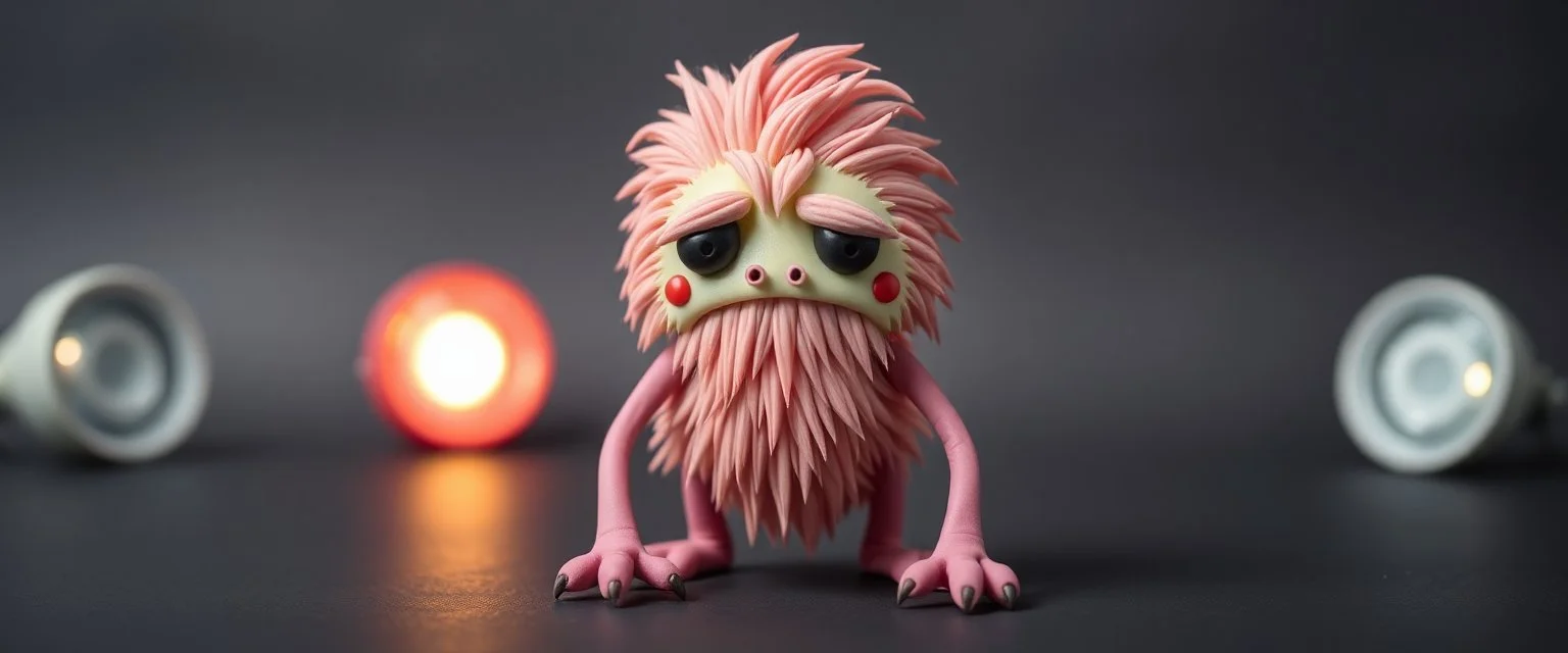 fluffy polymer clay cute sad monster with long sleek limbs and with studio lights