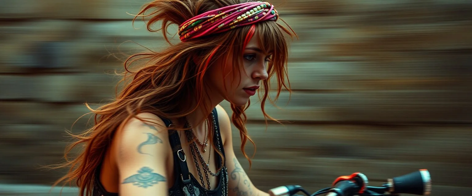 motion blur cyberpunk young bike rMichelle Pfeiffer gypsy with head band mods painted by Rembrandt and Titian and Giger