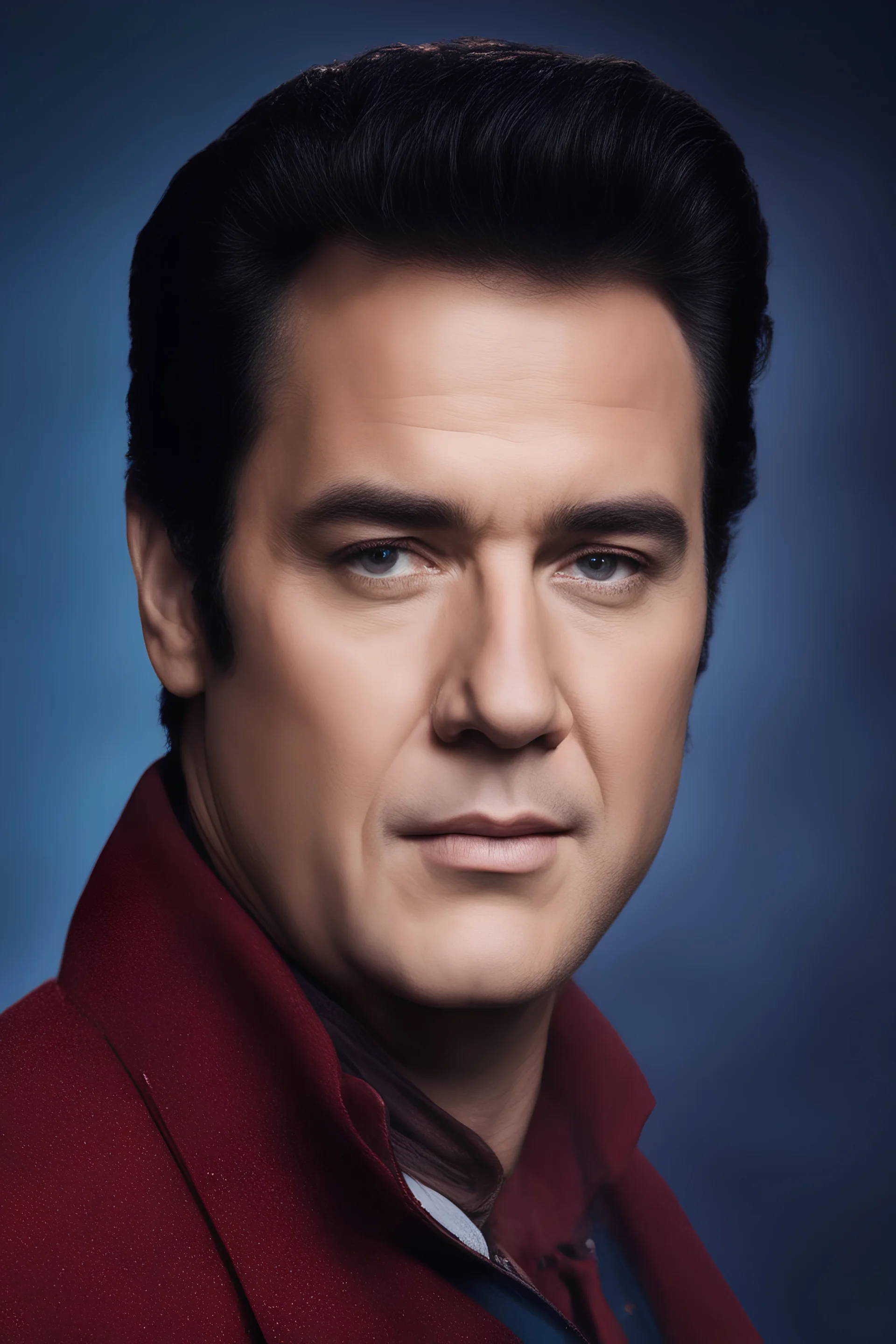 facial portrait - Elvis Tom Hanks - 32k, UHD, 1080p, 8 x 10, glossy professional quality digital photograph - dark blue and dark red, and light maroon and purple and foggy black gradated background, historic, powerful, octane rendering, exquisite detail, 30 - megapixel, 4k, 85 - mm - lens, sharp - focus, intricately - detailed, long exposure time, f8, ISO 100, shutter - speed 1125, diffuse - back - lighting, ((skin details, high detailed skin texture)), (((perfect face))),