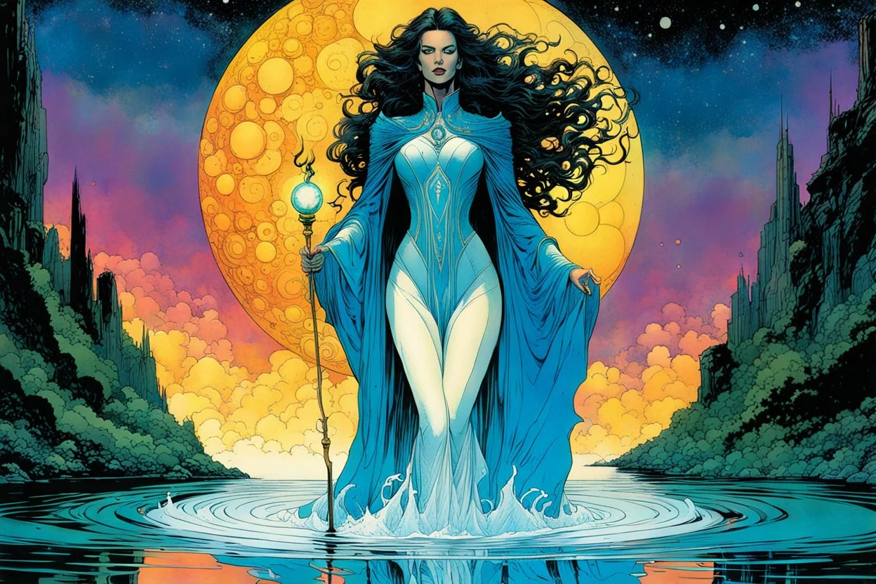 Create a fine art print , full body illustration of the legendary Arthurian sorceress, The Lady of the Lake , with finely lined and detailed facial features, in the comic book style of Bill Sienkiewicz, Philippe Druillet, and Jean Giraud Moebius, precisely drawn, colored and inked