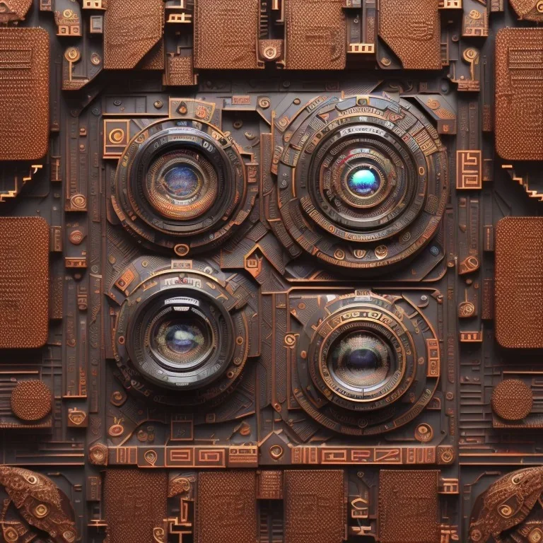 futuristic pinhole camera in Kente, rusted clocks lens, cinematic, scaffolding, african pattern symbols, engraved, cinema 4d, 3d render, corona renderer, 8k quality