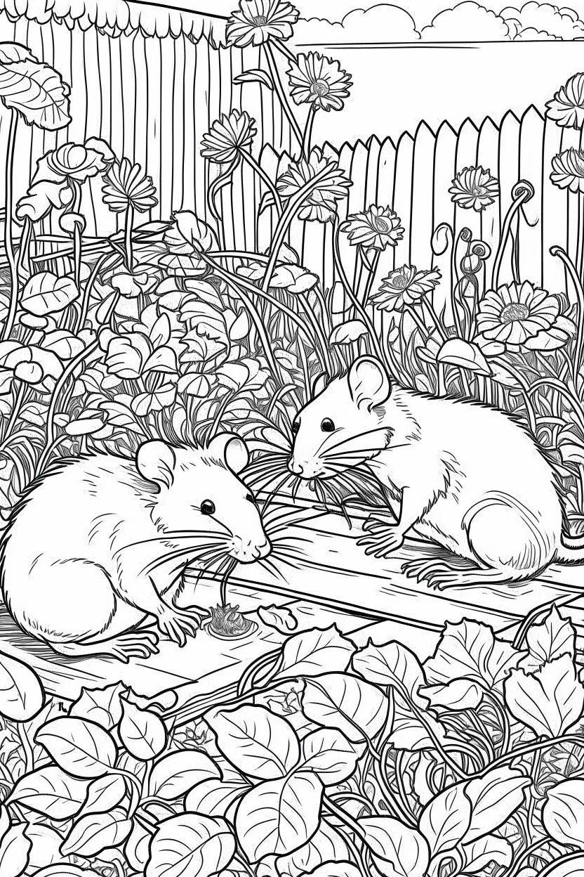 Outline art, rats in the garden, cartoon style, low detail, --ar 9:11