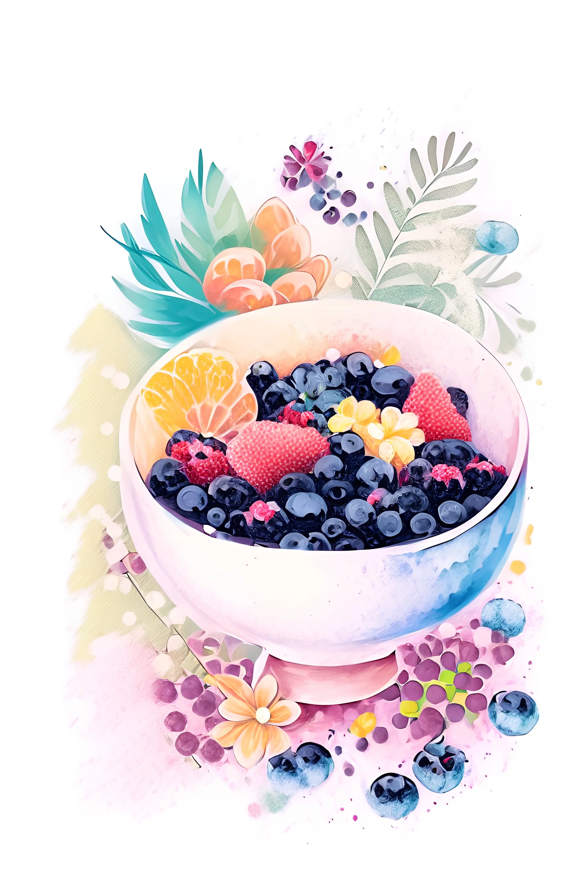 watercolor Illustration, detailed DESIGN, Centered Design of a bowl of cereal with flowers and fruit, lofi style, watercolor style, edgy, Minimalist, centered, solid background.