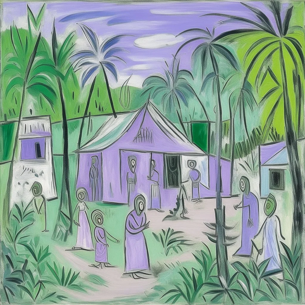 A light purple Hawaiian village in a jungle clearing painted by Pablo Picasso