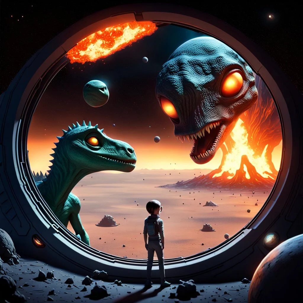 two sad characters gazing out of a spaceship window at a cratered burning close up 3d planet. On the left an thin alien with very pointy shape head and with x-shaped mouth, and on the right a bigg stronger dinosaur-like creature with big head sharp teeth. The background displays a dark space scattered with distant stars and three small explosions occurring on the planet's surface, adding a dramatic sense of action to the scene. realistic, detailed, cinematic, sci-fi